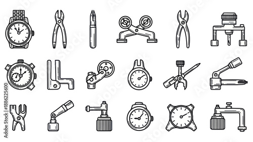 Set of various tools and instruments in monochrome vector illustration