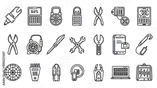 Set of various tools and technological devices outlined in black and white