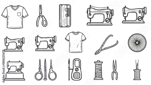 Sewing and tailoring tools collection illustrated in line art style