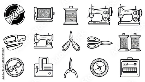 Sewing tools illustration vector set black and white design elements