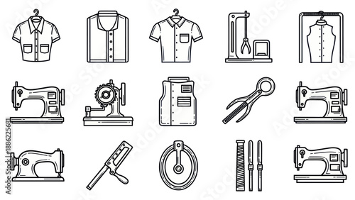 Sewing and tailoring tools and garments icons in graphic black and white style