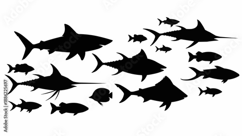 Silhouette of various fish species swimming together in a school.
