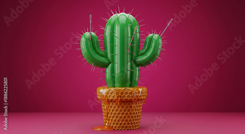 Green inflatable balloon cactus with needles in honeycomb pot representing fragile nature and irony