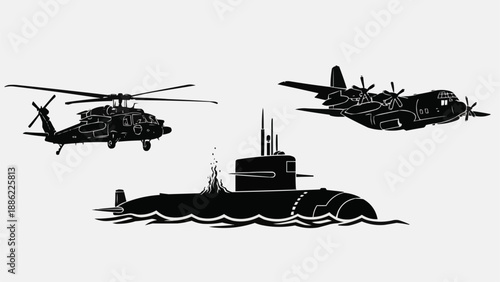 Silhouette of military helicopter airplane and submarine.