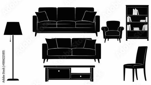 Silhouette of modern living room furniture set including sofas chairs and table.