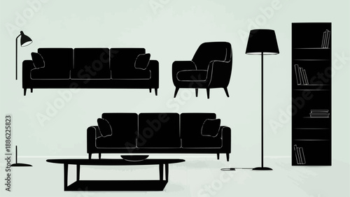 Silhouette of modern living room furniture and decor elements.