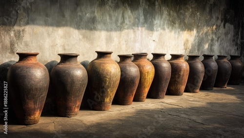 Wallpaper Mural Row of rustic, earthenware pots cast in shadow against a textured, light-struck wall Torontodigital.ca