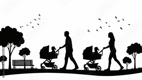 Silhouette of parents pushing strollers with children in a park.