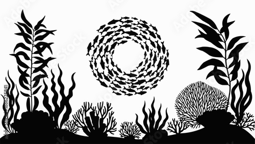 Silhouette School of Fish Swimming in Circle Underwater Scene.