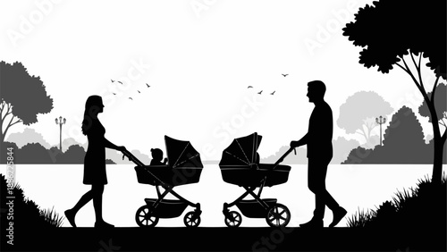Silhouette of parents pushing baby strollers in a park.