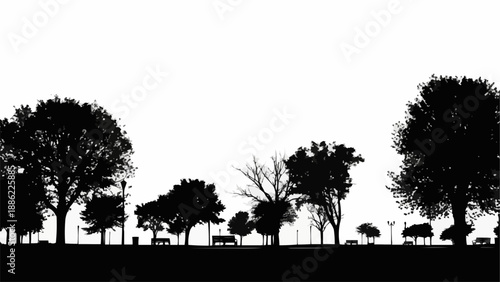 Silhouette of park trees and benches against a white sky.