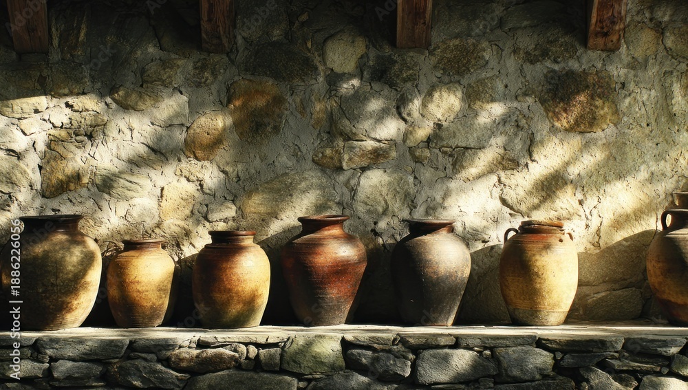 custom made wallpaper toronto digitalRow of rustic pottery lined along a stone wall, sunlight dappling the scene