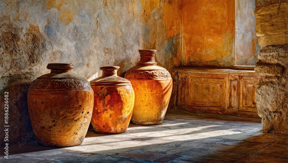 custom made wallpaper toronto digitalThree weathered earthenware pots stand in a sunlit, aged room with distressed walls