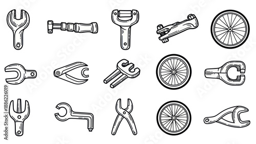 Set of various hand tools wrenches pliers and wheels on white background