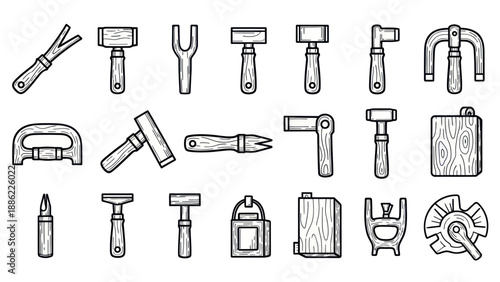 Set of various hand tools in detailed outlined vector illustrations
