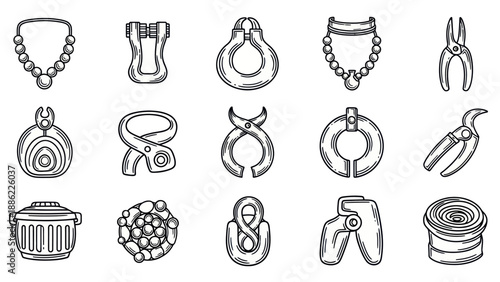 Set of various jewelry and tools vector illustrations on white background
