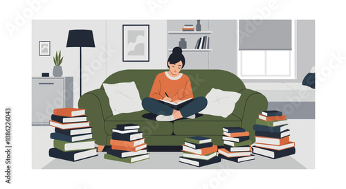 Young woman studying on a couch surrounded by stacks of books.