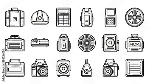 Set of various line art icons cameras calculators and bags
