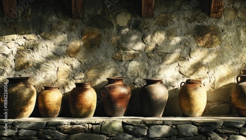 Wallpaper Mural Row of rustic pottery lined along a stone wall, sunlight dappling the scene Torontodigital.ca