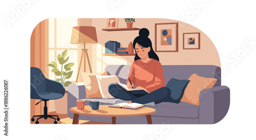 Young woman working from home on a laptop.