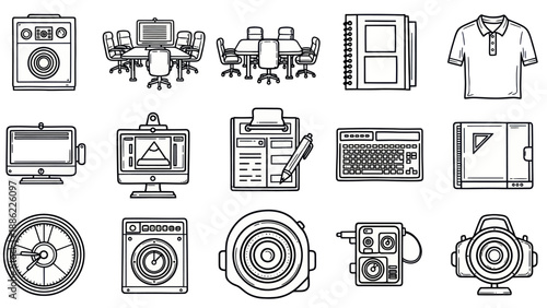 Set of various line art icons illustrating office and technology tools