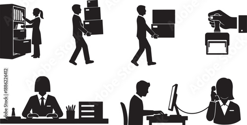 Black Solid Administrative Task Silhouettes Set of Six on White Background