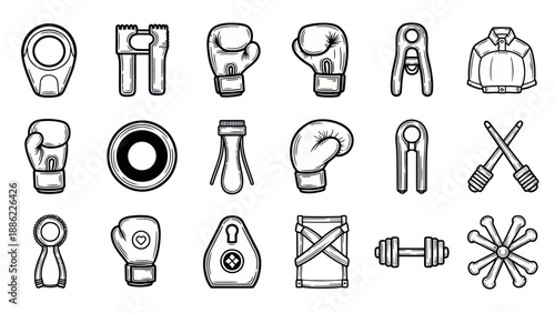 Set of various boxing and fitness equipment icons in monochrome style