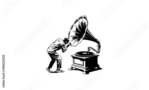 Vintage Gramophone Illustration - Retro Antique Record Player Vector Icon