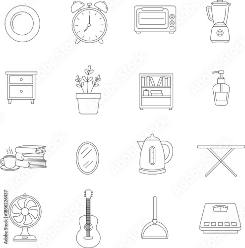 Line Drawing Illustration of Household Objects from Multiple Angles Minimal Black and White Style