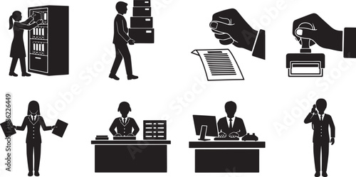 Black Solid Administrative Task Silhouettes Set of Six on White Background