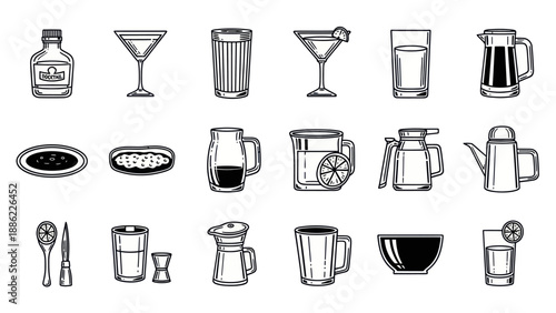Set of various drinkware and food items in detailed black and white vector