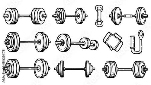 Set of various dumbbells isolated on white background for fitness and training