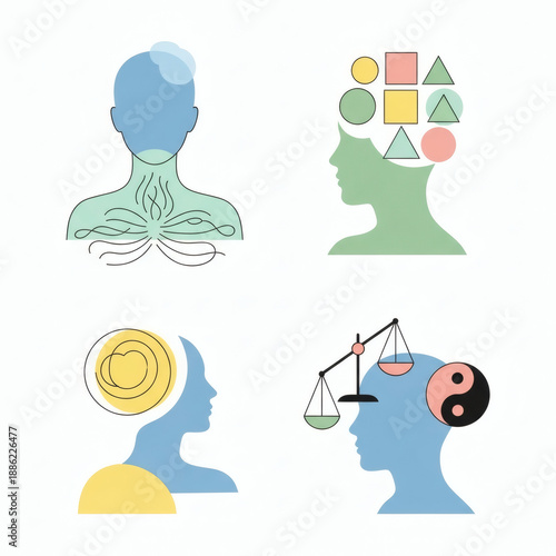 Mindful Explorations: A captivating collection of abstract illustrations explores the intricacies of the human mind, each portraying a different facet of thought, emotion, and perception.