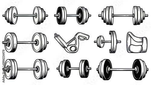 Set of various dumbbells isolated on white for fitness and exercise
