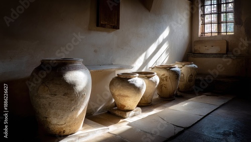 Wallpaper Mural Rustic interior shows large weathered vessels in sunlit alcove, stone floor, and window Torontodigital.ca