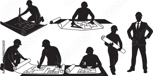 Black Solid Architect Planning Silhouettes Set of Six on White Background