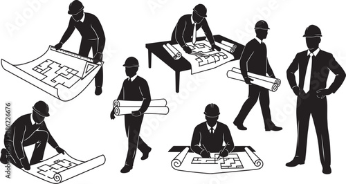 Black Solid Architect Planning Silhouettes Set of Six on White Background