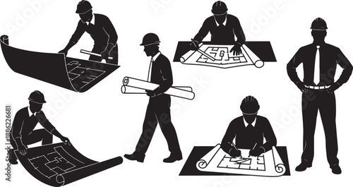 Black Solid Architect Planning Silhouettes Set of Six on White Background