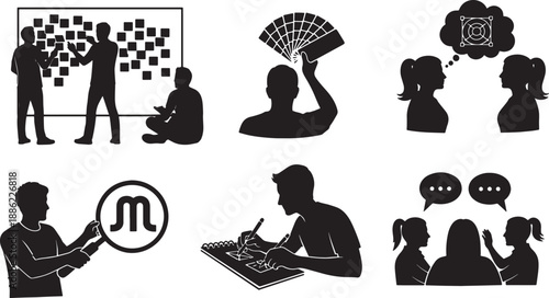 Black Solid Branding Workshop Silhouettes Set of Six on White Background