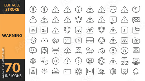 A versatile collection of 70 thin line warning icons, encompassing symbols for alerts, errors, caution, and important notifications for web and app interfaces
