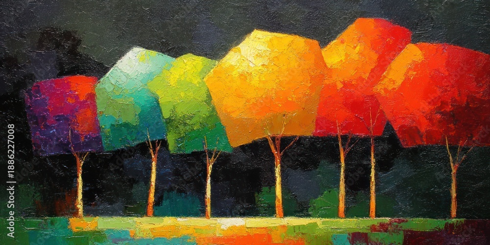 custom made wallpaper toronto digitalColorful stylized trees in a row with vibrant, textured foliage against a dark backdrop