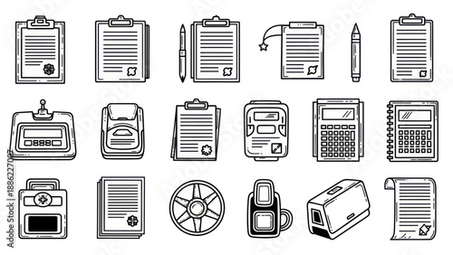 Set of office supplies icons clipboards notepads pens and calculators