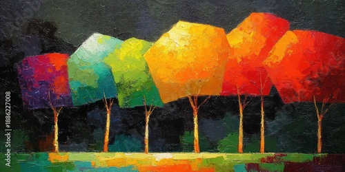 Wallpaper Mural Colorful stylized trees in a row with vibrant, textured foliage against a dark backdrop Torontodigital.ca