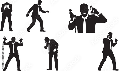 Black Solid Business Crisis Silhouettes Set of Six on White Background