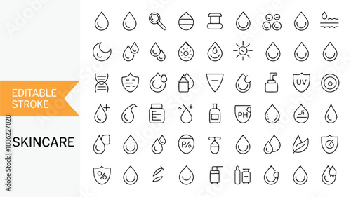 A comprehensive collection of 50 icons representing skincare, beauty, and wellness, featuring clean lines and a modern aesthetic