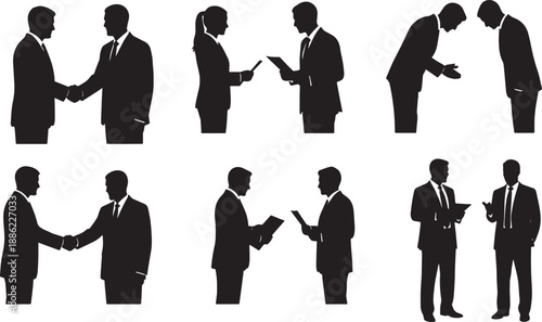 Black Solid Business Handshake Silhouettes Set of Six on White Background