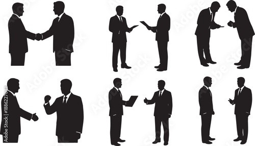 Black Solid Business Handshake Silhouettes Set of Six on White Background