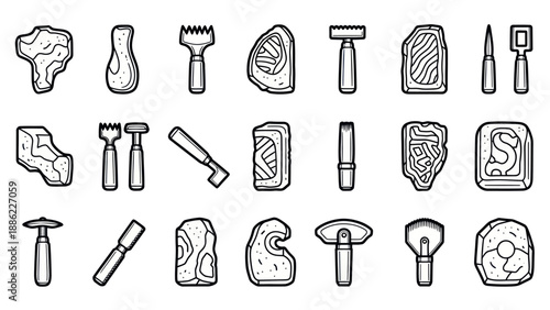 Set of stone age tools in a black and white illustration