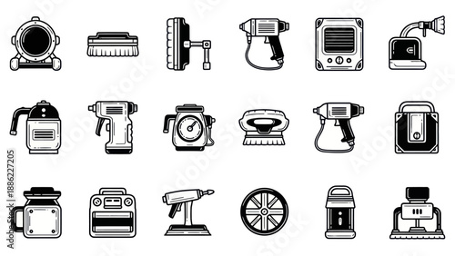 Set of cleaning tools icons brushes sprayers and equipment in black and white