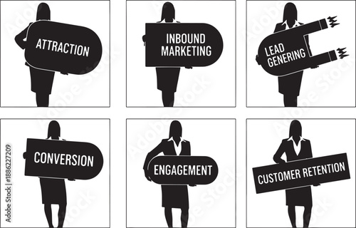 Black Solid Woman Holding Magnet Silhouettes Set of Six on White Background